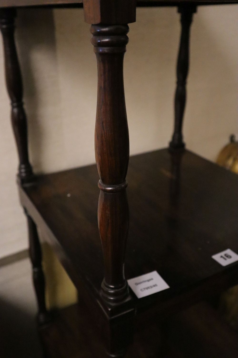 An early Victorian rosewood four tier whatnot, width 38cm depth 38cm height 148cm